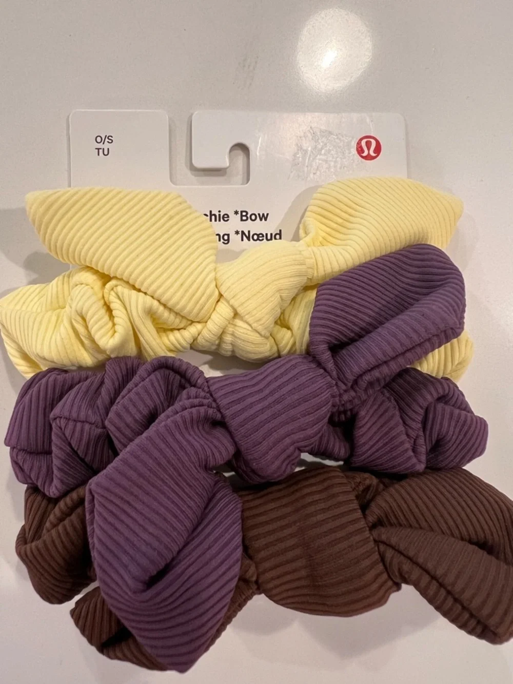 NWT Lululemon Ribbed Bow Scrunchies 3-Pack | Yellow Purple Brown Hair Ties NWT